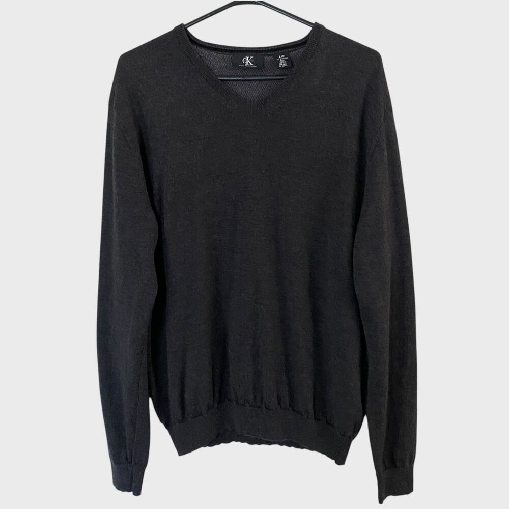 Calvin Klein Merino Wool Sweater Gray Men's Large Long-Sleeve Pullover V-Neck